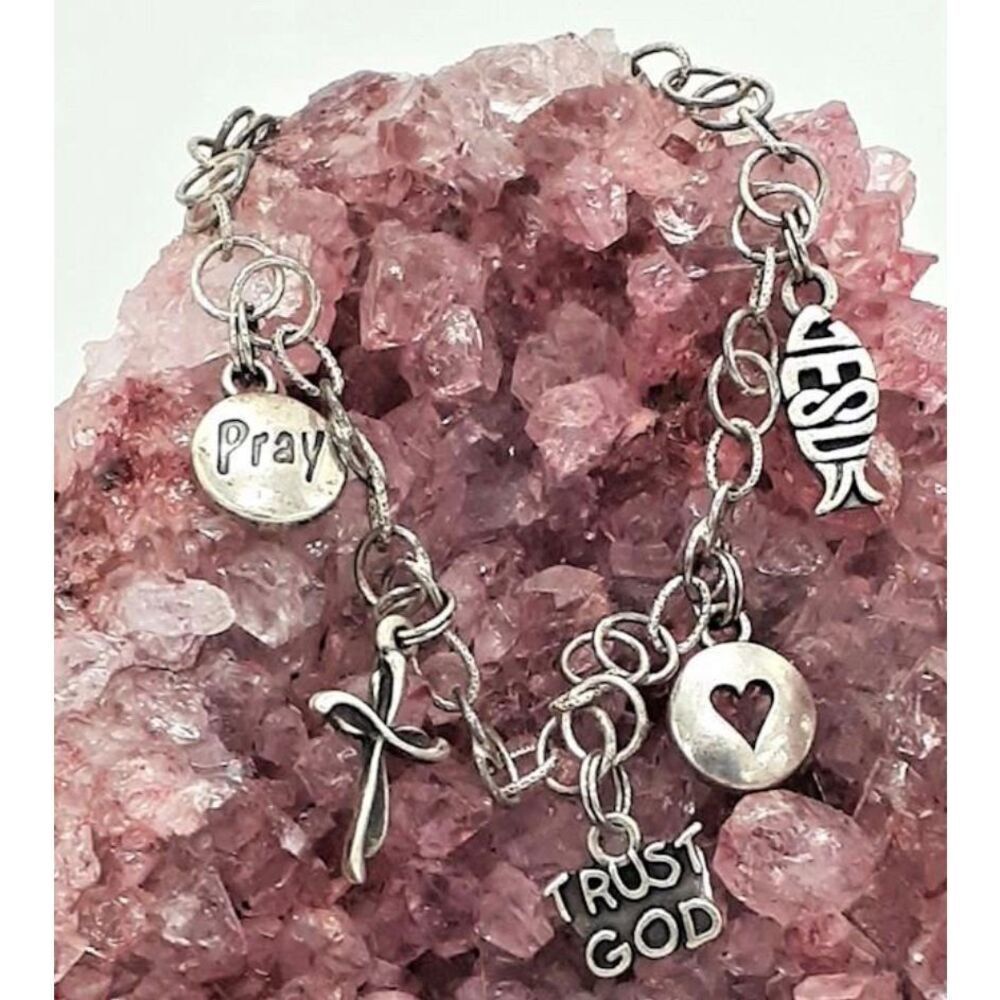 Vintage 925 Silver Religious Charm Bracelet with 5 Charms - SJC Marked